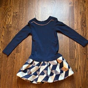 Lili Gaufrette Navy Long Sleeve Dress with Geometric Skirt